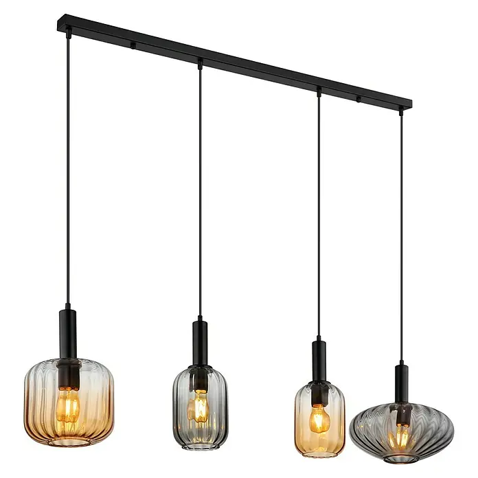 Globo Pendelleuchte Valletta - 60 W, L x B x H: 127 x 30 x 150 cm, Amber, Schwarz matt - Diese stilvolle Pendelleuchte mit vier Leuchten sorgt für eine stimmungsvolle Beleuchtung in jedem Raum.