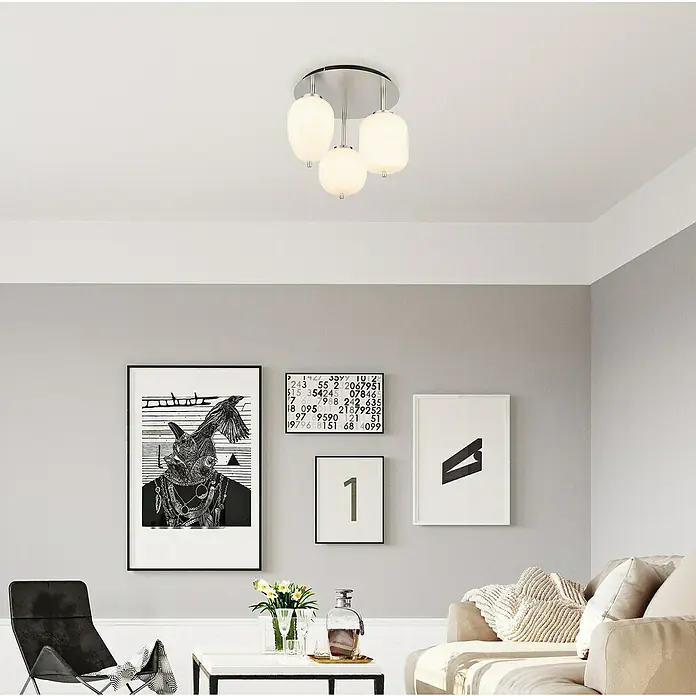 Globo Deckenleuchte Blacky I - 40 W, Ø x H: 100 x 36 cm, Weiß, Nickel matt - Eine Deckenleuchte mit vier runden, weißen Lampenschirmen und einer runden, silberfarbenen Halterung, die ein sanftes, warmes Licht verbreitet.