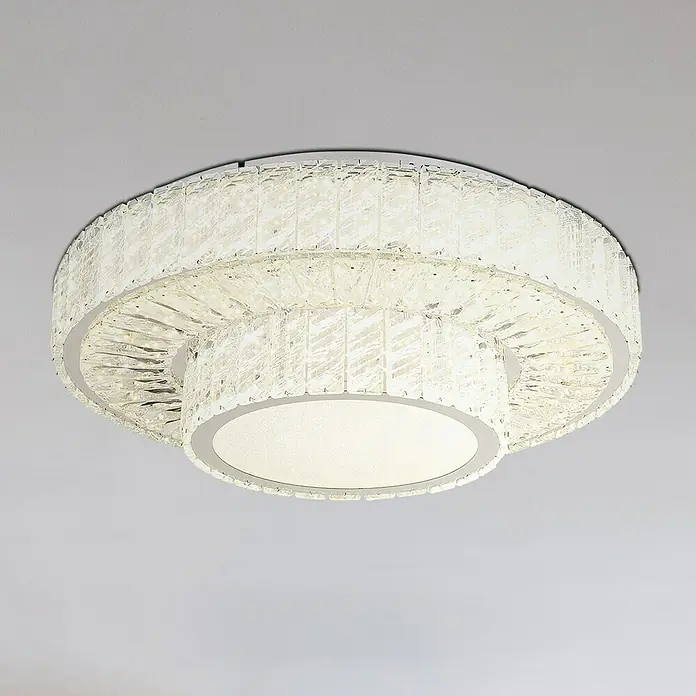 Globo Mucky LED-Deckenleuchte rund - 50 W, Ø x H: 50 x 17,3 cm, Klar, Silber verchromt, Warmweiß - Elegante Deckenleuchte mit kristallverzierten Ringen, die ein warmes, einladendes Licht spendet.