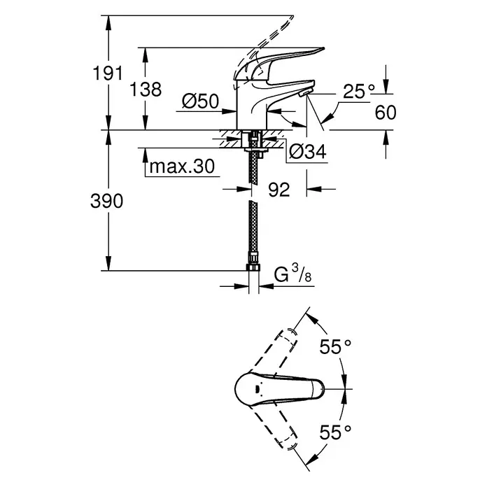 Grohe Euroeco Special Waschtischarmatur - Chrom, Glänzend, Ohne Zugstange - Maßzeichnung einer Armatur mit den Maßen Höhe 191mm, Ausladung 60mm, Durchmesser Ø50mm und Ø34mm und max. Dicke 30mm.