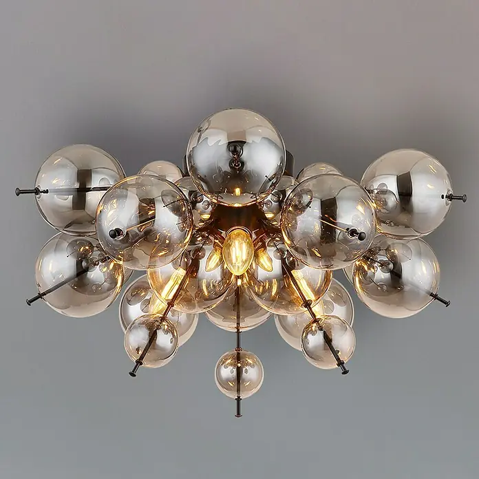 Globo Udo Deckenleuchte - 25 W, Ø x H: 55 x 28 cm, Rauch, Schwarz matt - Moderne Deckenleuchte mit mehreren rauchfarbenen Glaskugeln und schwarzen Metallakzenten, die ein elegantes Ambiente schafft.