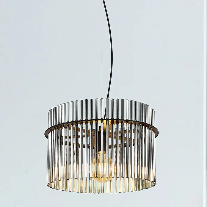Globo Gorley LED-Pendelleuchte rund - 60 W, Ø x H: 40 x 150 cm, Rauch, Schwarz matt - Runde Hängelampe mit chromfarbenen Stäben und einer Edison-Glühbirne, die ein modernes und elegantes Design bietet.