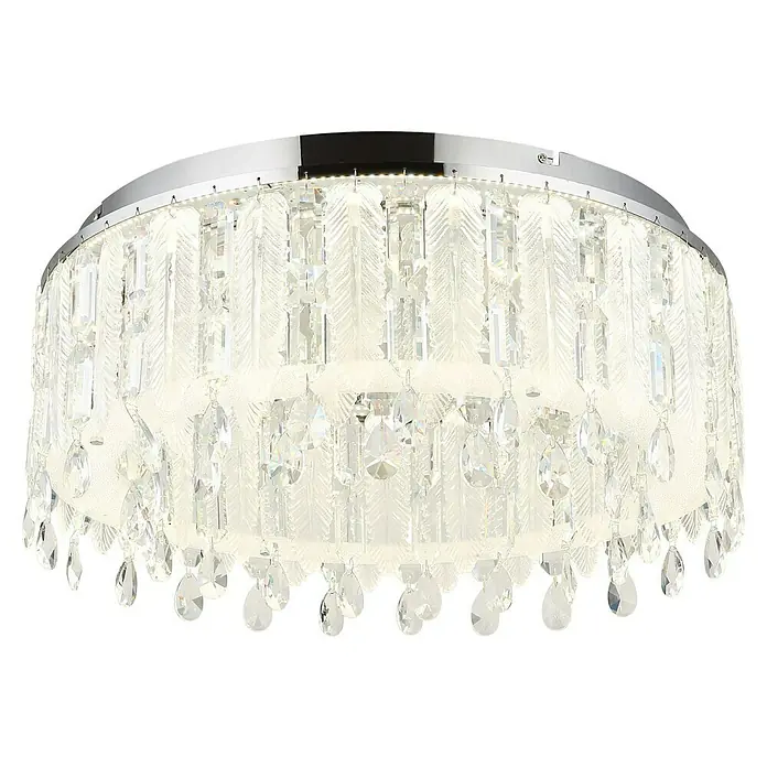 Globo Klunka LED-Deckenleuchte rund - 58 W, Ø x H: 60 x 26,5 cm, Klar, Silber verchromt, Warmweiß - Elegante Deckenleuchte mit glänzender Chromhalterung und schimmernden Kristallanhängern, die ein luxuriöses Ambiente schaffen.