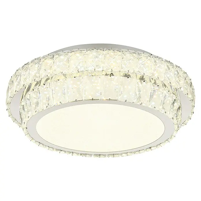 Globo LED-Deckenleuchte rund Klara - 38 W, Klar, Klar, Mehrfarbig, Ø x H: 40 x 11,5 cm - Diese Nahaufnahme zeigt eine runde, kristallverzierte Deckenleuchte, die ein elegantes und modernes Design aufweist.