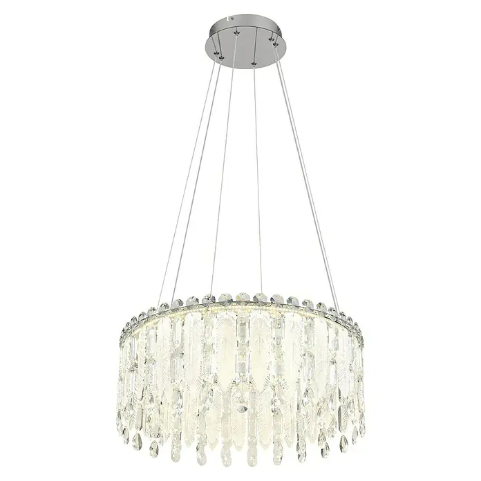 Globo Klunka LED-Pendelleuchte rund - 58 W, Ø x H: 60 x 120 cm, Klar, Silber verchromt - Elegante Deckenleuchte mit Kristallbehang. Die Lampe erzeugt ein luxuriöses Ambiente und ist ein echter Hingucker in jedem Raum.