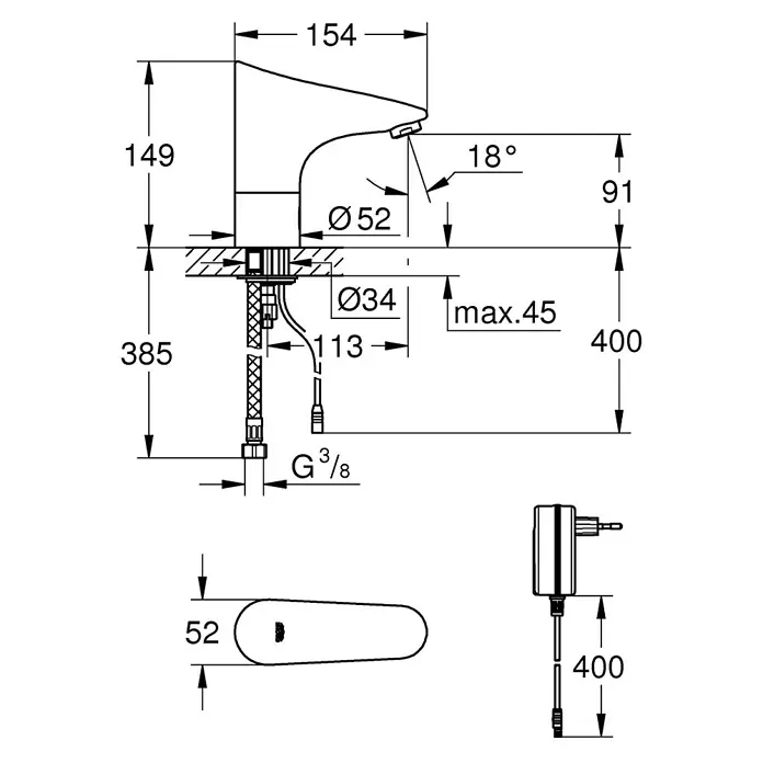 Grohe Europlus Waschtischarmatur netzbetrieben - Infrarot-Elektronik, Chrom - Abbildung der detaillierten Maße einer automatischen Armatur mit Sensortechnik und den zugehörigen Anschlüssen.