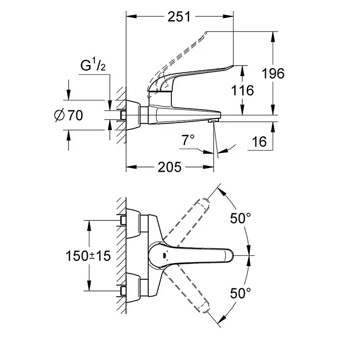 Grohe Euroeco Special Waschtischarmatur - Wandmontage, Chrom, Glänzend, Ausladung Armatur: 204 mm, Mit Einhandbedienhebel - Technische Zeichnung einer GROHE Armatur mit allen Maßangaben für die Installation.