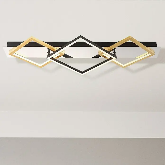 Globo LED-Deckenleuchte Lesina - 32 W, L x B x H: 78 x 35,5 x 7 cm, Silber verchromt, Gold gebürstet, Warmweiß - Moderne Deckenleuchte mit drei Quadraten in Gold und Schwarz, die ein stilvolles und elegantes Ambiente schaffen.