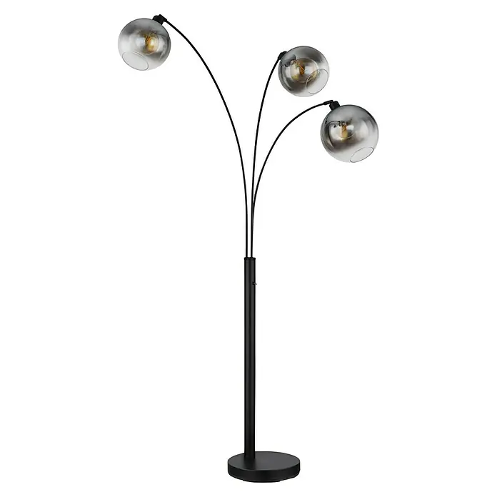 Globo Newcastle Stehleuchte - 60 W, Höhe: 200 cm, Schwarz matt, Rauch - Die Stehlampe mit drei schwebenden Glasleuchten bietet ein modernes Flair mit ihrem schlanken Design in Schwarz.