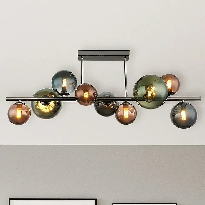 Globo Riha Deckenleuchte - 3,5 W, L x B x H: 87 x 30 x 38 cm, Grau matt, Warmweiß - Moderne Deckenleuchte mit mehreren farbigen Glaskugeln und schwarzen Metallrahmen, die ein stilvolles Ambiente erzeugt.