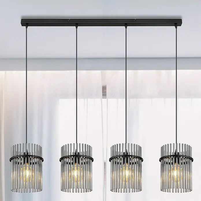 Globo Gorley Pendelleuchte - 60 W, L x B x H: 110 x 20 x 140 cm, Rauch, Schwarz matt - Elegante Hängelampe mit vier zylindrischen Lampenschirmen aus Metallstäben und warmem Licht, ideal für Esszimmer oder Kücheninseln.