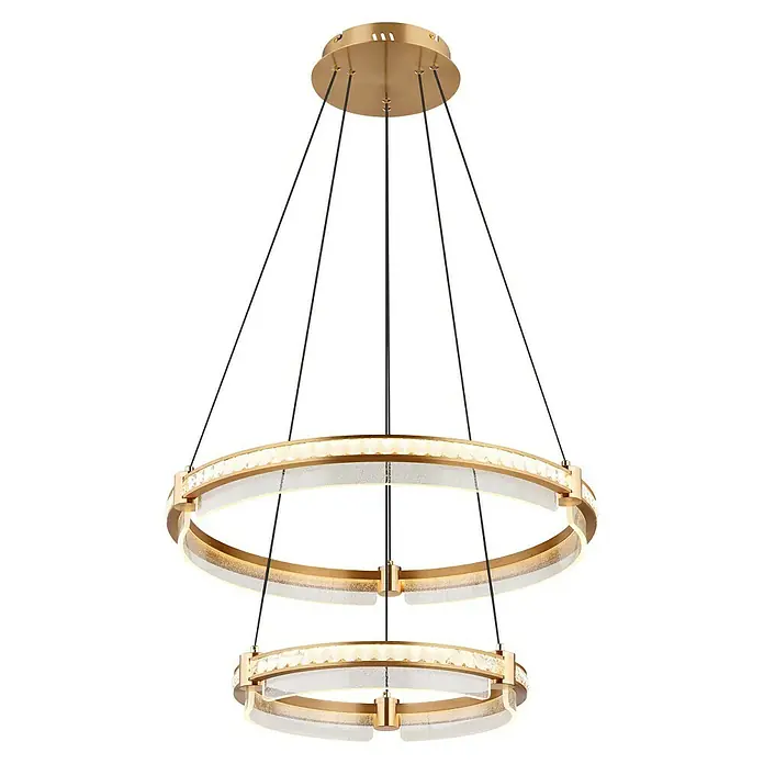 Globo Blondie LED-Pendelleuchte - 78 W, 60 x 120 cm, Gold, Gold, Mehrfarbig - Moderne Hängeleuchte mit zwei goldenen Ringen und dekorativen Kristallelementen, die ein warmes Licht verbreiten.