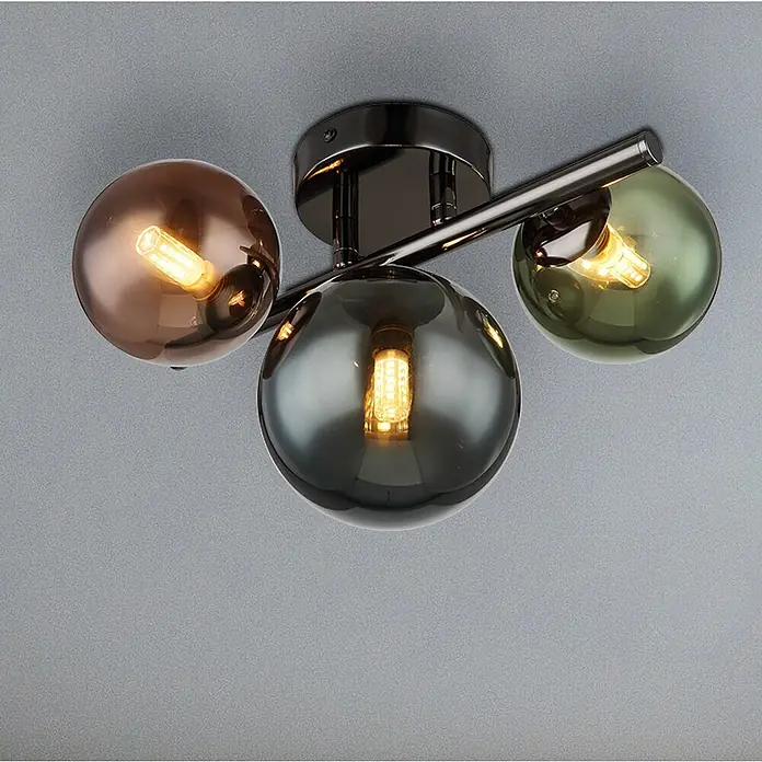 Globo Riha Deckenleuchte - 3,5 W, Ø x H: 28,3 x 18,9 cm, Mehrfarbig, Grau matt, Warmweiß - Deckenleuchte mit drei Kugeln aus Rauchglas und bernsteinfarbenen Glühbirnen für ein stimmungsvolles Ambiente.