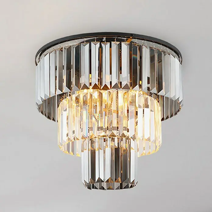 Globo Naxis Deckenleuchte rund - 40 W, Ø x H: 40 x 33 cm, Amber, Schwarz matt - Moderne Deckenleuchte mit dreistufigem Kristallbehang und schwarzer Metalleinfassung für stilvolle Beleuchtung im Raum.