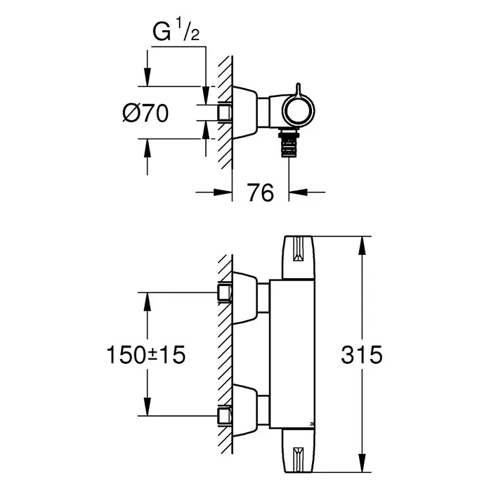 Grohe Grohtherm Special Waschtischarmatur - Chrom - Abbildung eines Wasserhahns mit Maßangaben, inklusive Durchmesser und Abstände zur Wand, zur detaillierten Produktinformation.