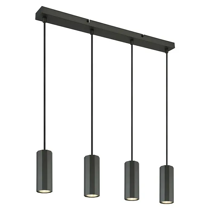 Globo James Pendelleuchte - 25 W, L x B x H: 61 x 6 x 120 cm, Grau matt - Eine moderne, schwarze Pendelleuchte mit vier zylindrischen Lampenschirmen, die ein warmes Licht nach unten abgeben und eine stilvolle Atmosphäre schaffen.