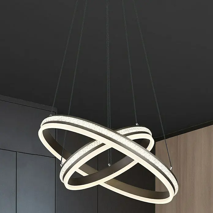 Globo Grouni LED-Pendelleuchte rund - 60 W, Ø x H: 60 x 120 cm, Titanfarben gebürstet - Moderne LED-Hängeleuchte mit drei ineinander verschlungenen Ringen, ideal für stilvolle Innenräume.