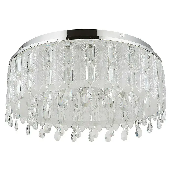 Globo Klunka LED-Deckenleuchte rund - 58 W, Ø x H: 60 x 26,5 cm, Klar, Silber verchromt, Warmweiß - Nahaufnahme einer runden Deckenleuchte mit silbernem Rahmen und Kristallbehang. Die Leuchte strahlt Eleganz und Glamour aus.
