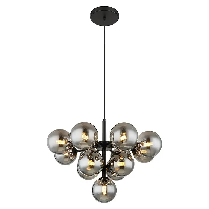 Globo Grappy Pendelleuchte - 5 W, Ø x H: 56 x 120 cm, Rauch, Schwarz matt - Moderne Pendelleuchte mit schwarzen Akzenten und kugelförmigen Lampenschirmen für ein stilvolles Ambiente.