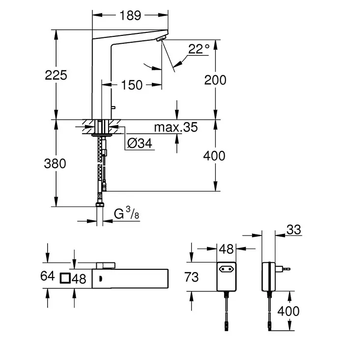 Grohe Eurocube Waschtischarmatur mit Temperaturregulierung, netzbetrieben - Infrarot-Elektronik, Chrom - Schemazeichnung eines Wasserhahns mit Bemaßung, die Details zu Höhe, Ausladung und weiteren Abmessungen enthält.
