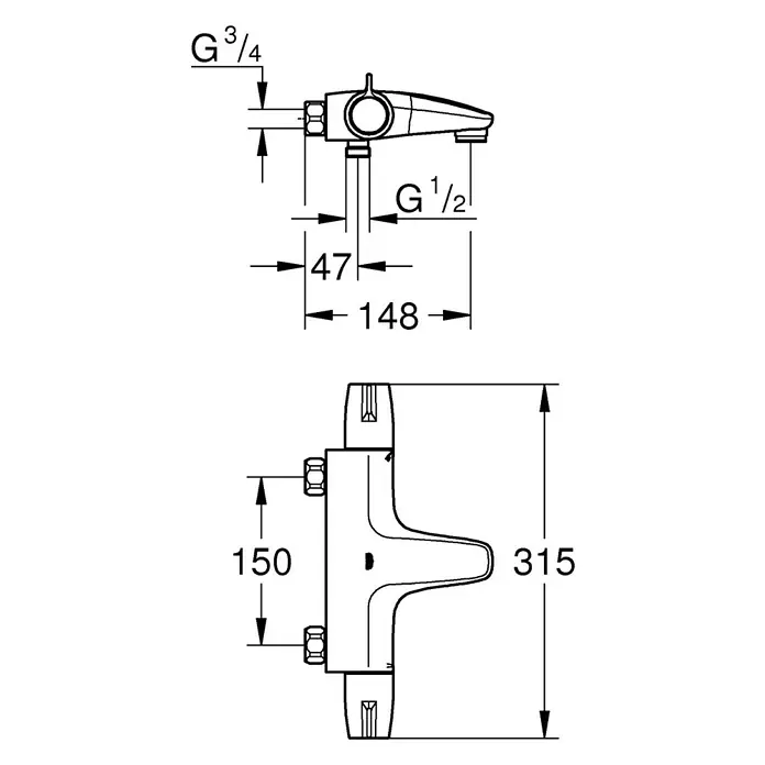Grohe Grohtherm Special Wannenthermostat 1 - Chrom - Produktabbildung des Wasserhahns mit Abmessungen und technischen Daten zur Installation.\n