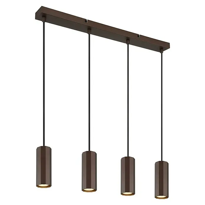 Globo James Pendelleuchte - 25 W, L x B x H: 61 x 6 x 120 cm, Bronze, Bronze - Moderne Pendelleuchte mit vier zylindrischen Lampenschirmen in einem dunklen Farbton, ideal für stilvolle Beleuchtung über Tischen oder Theken.