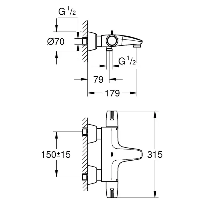 Grohe Grohtherm Special Wannenthermostat - Chrom - Maßzeichnung der Wandarmatur mit Abmessungen und Anschlüssen für die Installation.