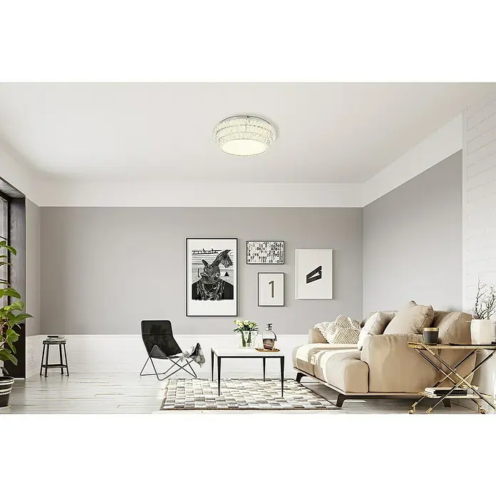 Globo LED-Deckenleuchte rund Klara - 48 W, Klar, Klar, Mehrfarbig, Ø x H: 50 x 15,5 cm - Eine moderne Deckenleuchte mit kristallverzierten Elementen, die eine elegante Beleuchtung für ein stilvolles Wohnzimmer bietet.