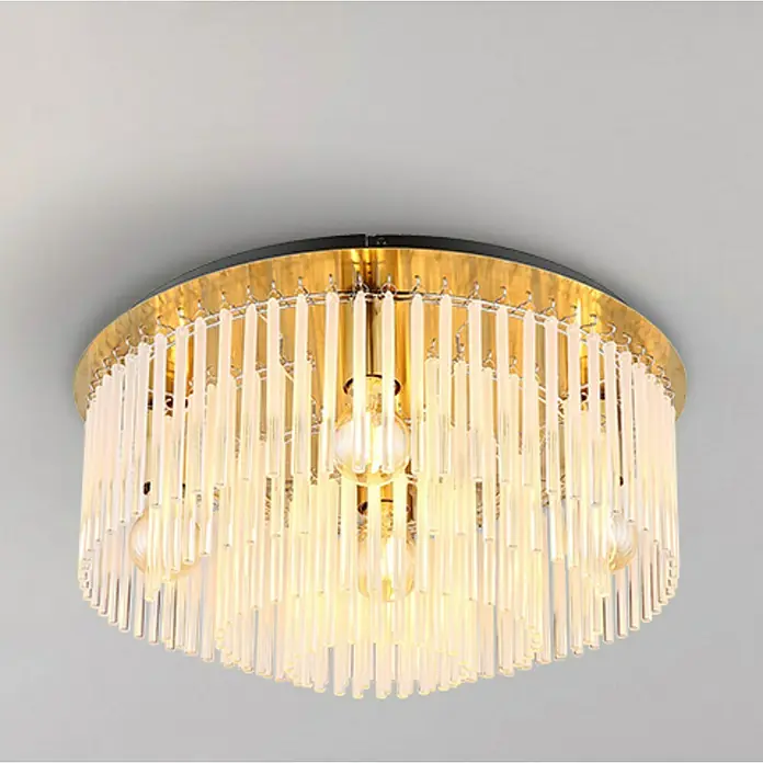 Globo Gorley Deckenleuchte rund - 60 W, Ø x H: 50 x 25 cm, Klar, Gold matt - Elegante Deckenleuchte mit goldenem Rahmen und klaren Kristallstäben, die ein warmes Licht verbreitet. Perfekt für stilvolle Wohnräume.