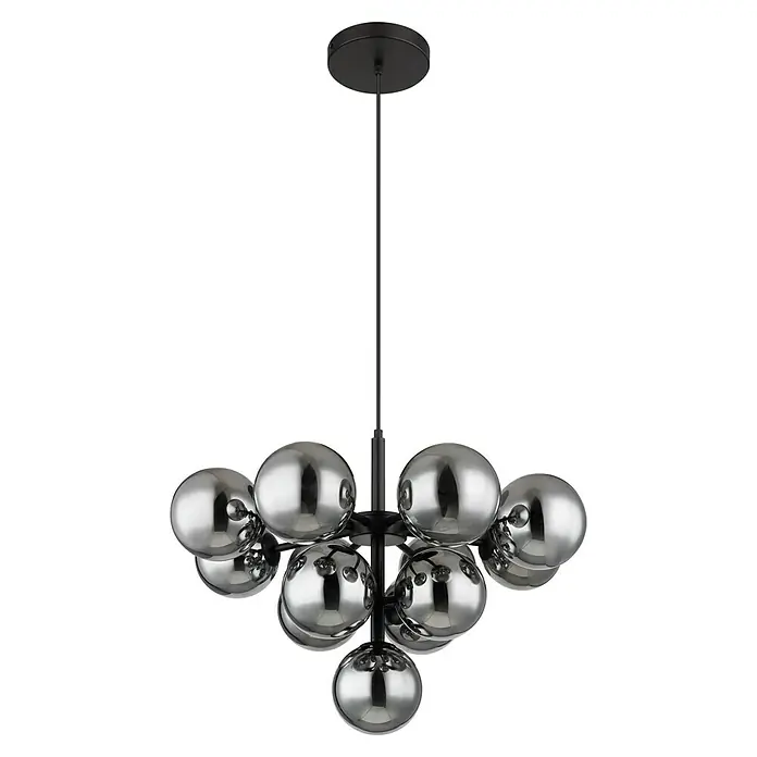 Globo Grappy Pendelleuchte - 5 W, Ø x H: 56 x 120 cm, Rauch, Schwarz matt - Die Pendelleuchte mit ihren kugelförmigen, silberfarbenen Lampenschirmen und dem schwarzen Gestell verleiht jedem Raum einen modernen Touch.