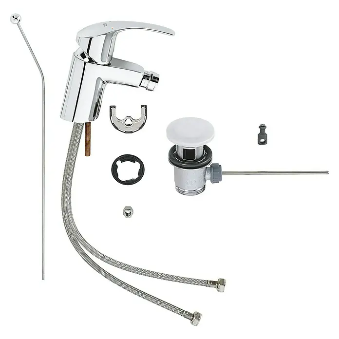 Grohe Eurosmart Bidetarmatur - Chrom, Glänzend - Detailliertes Bild einer glänzenden Mischbatterie mit Zubehör, ideal für moderne Badezimmer.