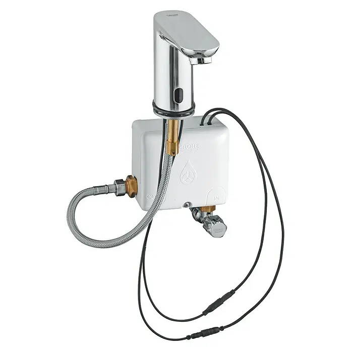Grohe Euroeco Waschtischarmatur mit Temperaturregulierung, mit Powerbox - Chrom, Infrarot-Elektronik - Nahaufnahme eines Grohe Eurosmart Cosmopolitan E Infrarot-Waschtisch-Einlochbatterie mit Elektronikmodul für berührungslose Bedienung.