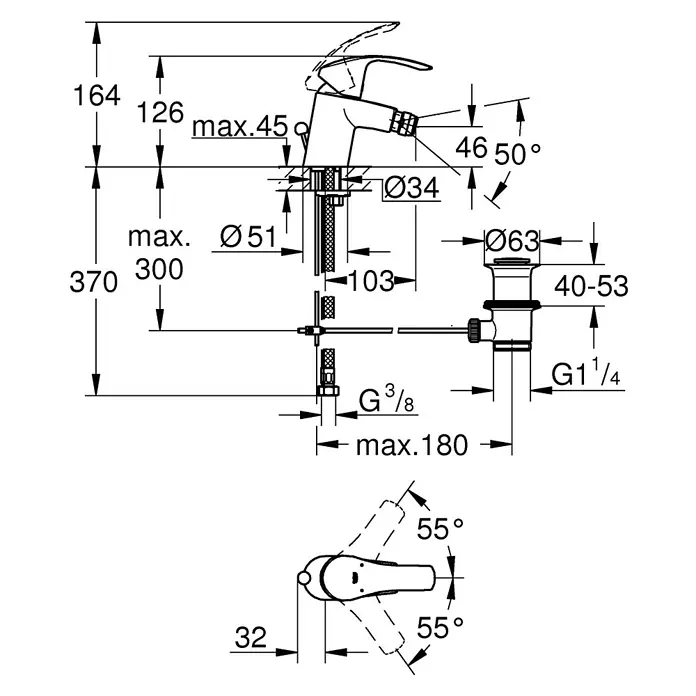 Grohe Eurosmart Bidetarmatur - Chrom, Glänzend - Produktbild mit technischen Zeichnungen einer Armatur, inklusive Maße und Winkelangaben.