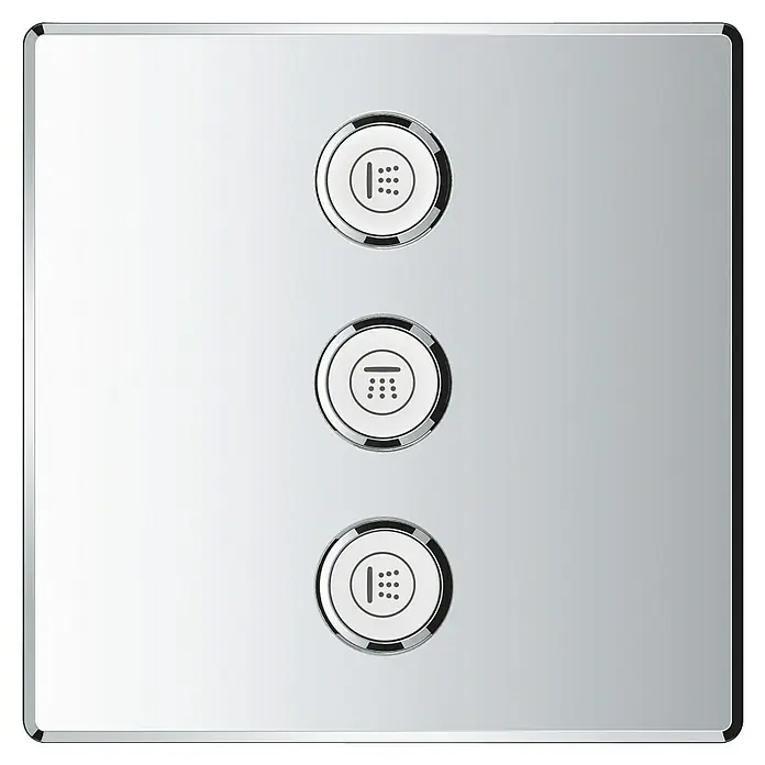 Grohe Grohtherm SmartControl UP-Ventil - Eckig, Chrom, Glänzend - Nahaufnahme einer quadratischen, glänzenden Metallplatte mit drei runden Knöpfen, die jeweils mit einem Telefonsymbol verziert sind.