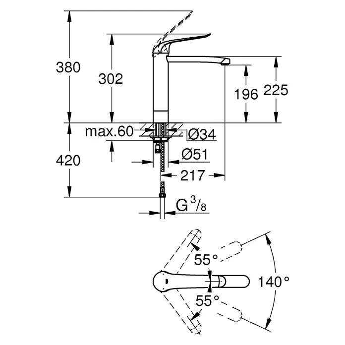 Grohe Euroeco Special Waschtischarmatur - Chrom, Glänzend, Hoher Auslauf - Technische Zeichnung einer Armatur mit Maßen und Details zur Installation, inklusive Griffwinkel für detaillierte Planung.