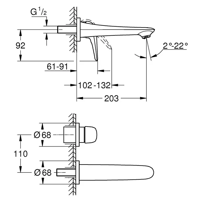 Grohe Eurostyle Solid Waschtischarmatur - Wandmontage, Chrom, Glänzend - Produktabbildung mit Maßangaben. Die Abbildung zeigt die genauen Abmessungen des Produkts, wie Länge, Höhe und Durchmesser.