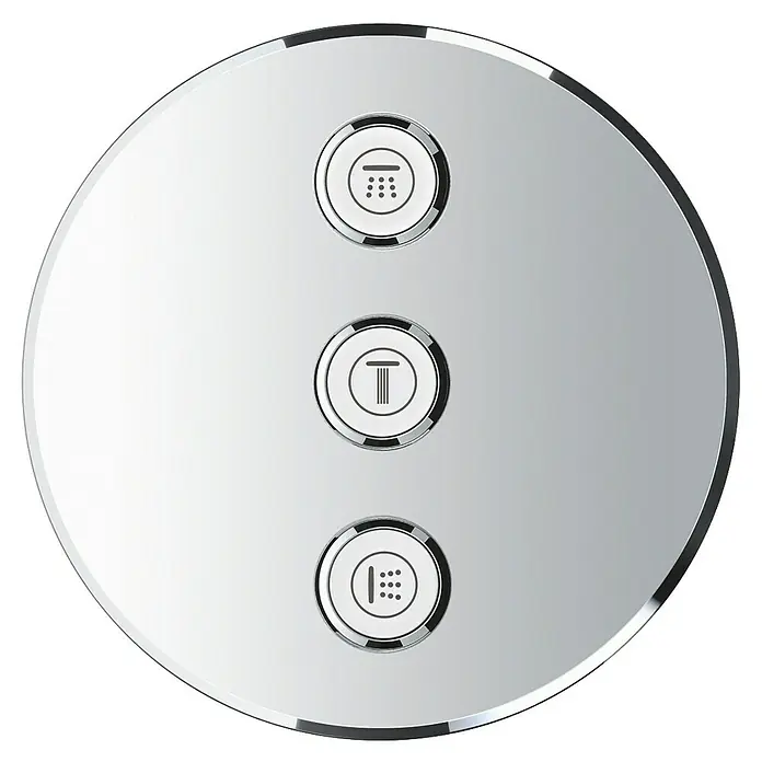 Grohe Grohtherm SmartControl UP-Ventil - Rund, Chrom, Glänzend - Nahaufnahme einer runden, silbernen Duschkopfplatte mit drei kreisförmigen Knöpfen zur Steuerung der Duschfunktionen.