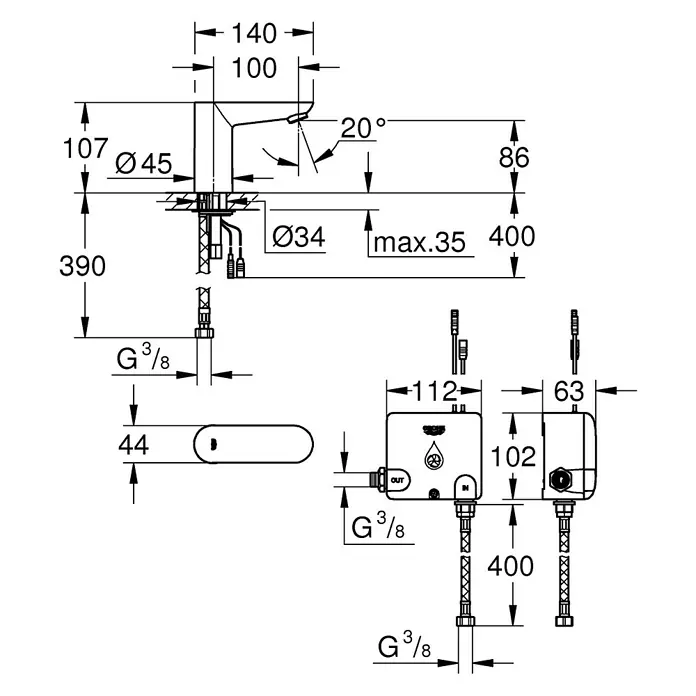 Grohe Euroeco Waschtischarmatur mit Temperaturregulierung, mit Powerbox - Chrom, Infrarot-Elektronik - Eine detaillierte Schemazeichnung eines Grohe Waschbecken Wasserhahns mit allen Maßen und Anschlüssen für die Installation.