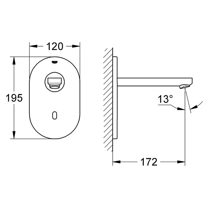 Grohe Eurosmart Waschtischarmatur - Wandmontage, Edelstahl, Glänzend, Ausladung Armatur: 172 mm - Schemazeichnung einer elektronischen Waschtischarmatur zur Wandmontage mit Maßen und Neigungswinkel für Installationsdetails.