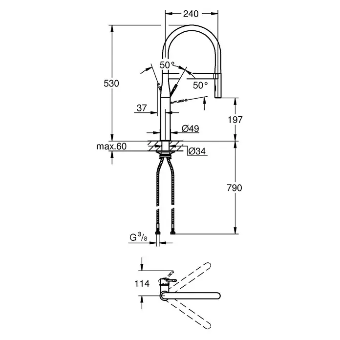Grohe Essence Spültischarmatur - Chrom, Glänzend - Abbildung einer technischen Zeichnung einer Küchenarmatur mit Maßangaben und Winkeln für Installationszwecke.