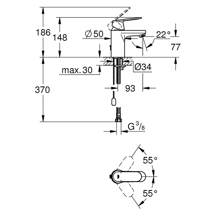 Grohe Eurosmart Cosmopolitan Waschtischarmatur S-Size - Mit versenkbarer Kette, Chrom, Glänzend - Technische Zeichnung einer Armatur mit Maßen. Die Skizze zeigt Details wie Höhe (186 mm), Durchmesser (Ø50 mm) und Ausladung.