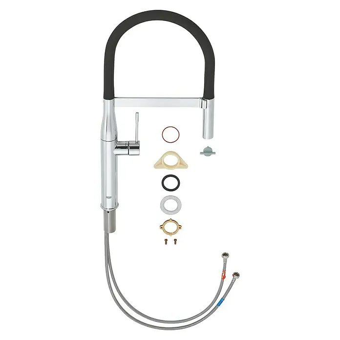 Grohe Essence Spültischarmatur - Chrom, Glänzend - Eine Grohe Küchenarmatur mit Ausziehbrause und Installationsmaterialien. Die Armatur ist chromfarben mit einem schwarzen Schlauch.