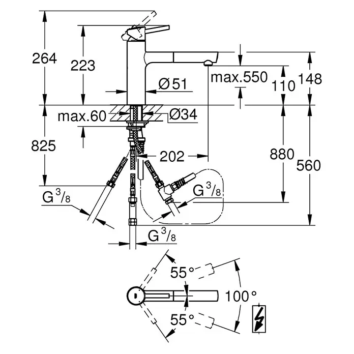 Grohe Concetto Spültischarmatur - Niederdruck, Chrom, Glänzend - Technische Zeichnung einer Armatur mit Maßangaben zu Höhe, Durchmesser und Anschlüssen.