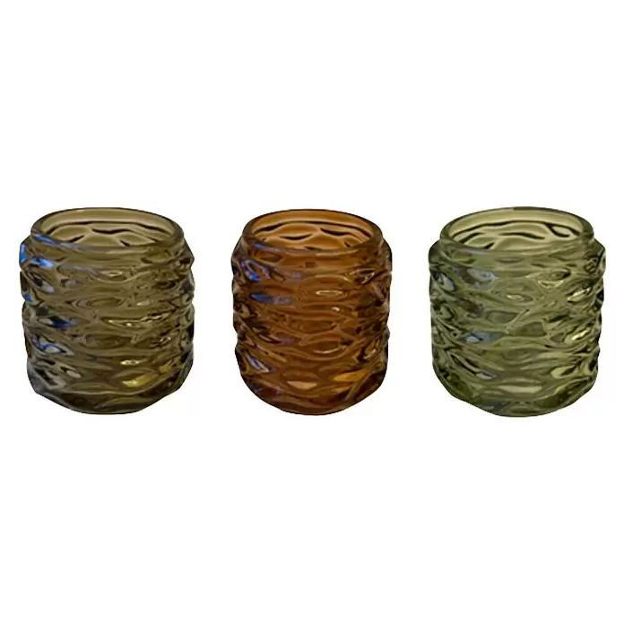 Teelichthalter Ligero - 1 Stk., 10 cm, Sortiert, Glas - Set aus drei texturierten Glaskerzenhaltern in verschiedenen Grün- und Brauntönen.
