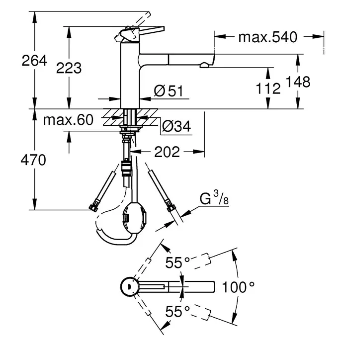 Grohe Concetto Spültischarmatur - Ausziehbar, Supersteel, Matt - Schema des Wasserhahns mit Maßangaben, einschließlich Höhe, Ausladung und Durchmesser für Installation und Design.