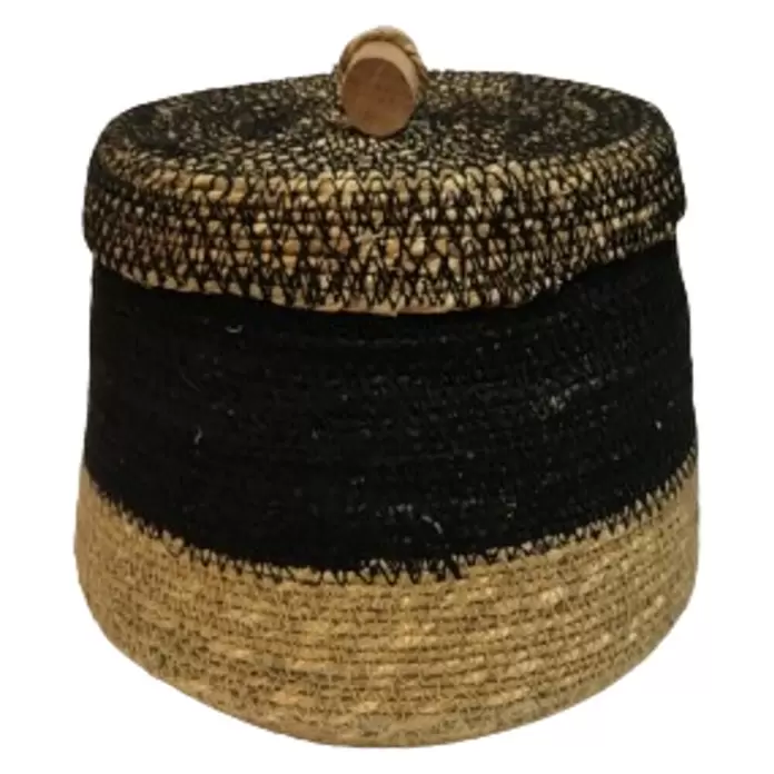 Korb Farnham - Ø x H: 21 x 24 cm, Schwarz/Braun - Zweifarbiger, geflochtener Korb mit Deckel in Schwarz und Naturfaser mit kleinem Holzknauf.
