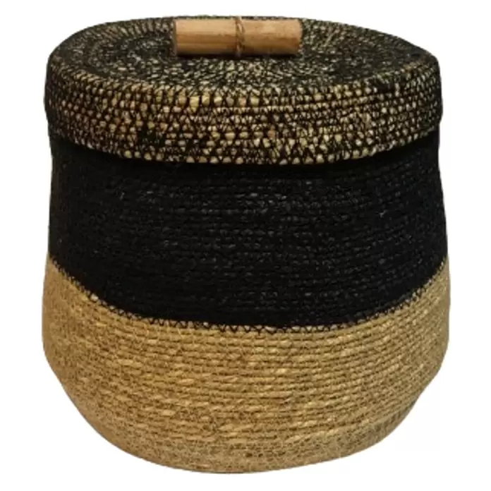 Korb Farnham - Ø x H: 26 x 28 cm, Schwarz/Braun - Geflochtener Aufbewahrungskorb mit Deckel, schwarzen und naturfarbenen Bändern und Holzgriff.