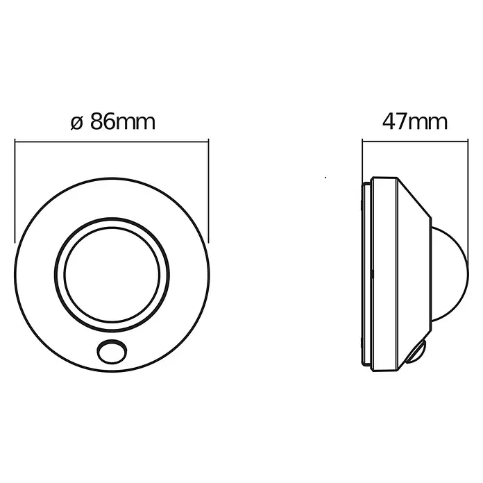 Osram LED-Nachtlicht Ceiling - Schwarz, Ø x H: 86 x 47 mm - Technisches Diagramm eines runden Lichts oder Sensors, Ø 86mm und 47mm tief.