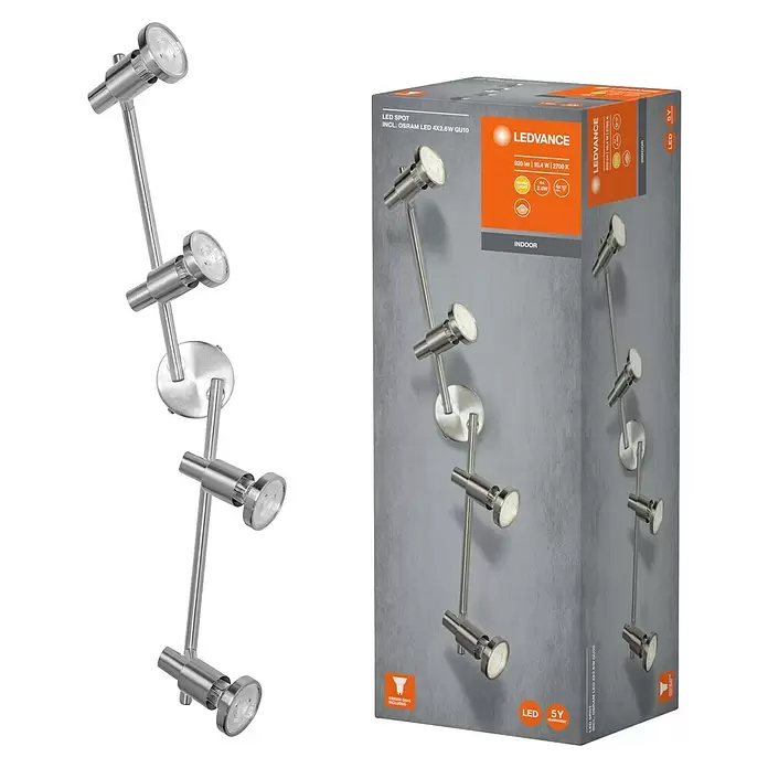 Osram LED-Deckenstrahler - 10,4 W, L x B x H: 675 x 80 x 155 mm, Nickel matt, Warmweiß, 4 Stk. - Gebürstete Metall-LED-Spotleuchte mit fünf verstellbaren Köpfen, ideal für Akzentbeleuchtung im Innenbereich.