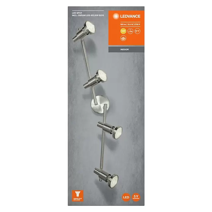 Osram LED-Deckenstrahler - 10,4 W, L x B x H: 675 x 80 x 155 mm, Nickel matt, Warmweiß, 4 Stk. - Gebürstetes Metall-LED-Spotlicht mit vier Köpfen, ideal für Innen-Akzentbeleuchtung.